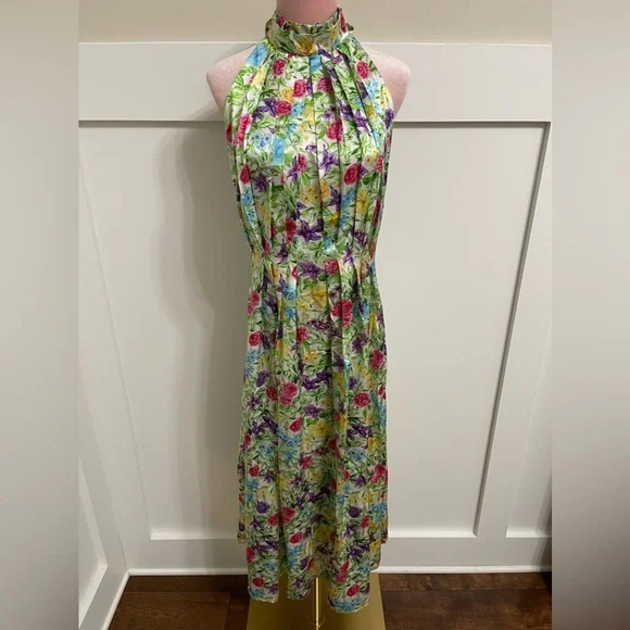 Les Reveries 100% Silk Rose Orchid Pleated Bow Maxi Dress Size 8 - Picture 4 of 13